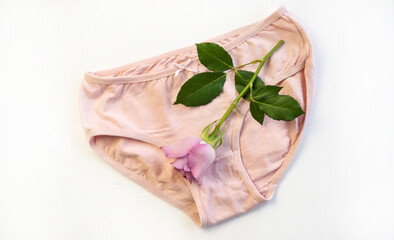 Cotton panties with a rose flower on a white background. Close-up. Underwear. Woman pants.