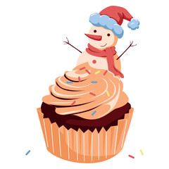 Festive cupcake with orange cream and a snowman on a white background. Vector illustration isolated for a holiday, postcard and print