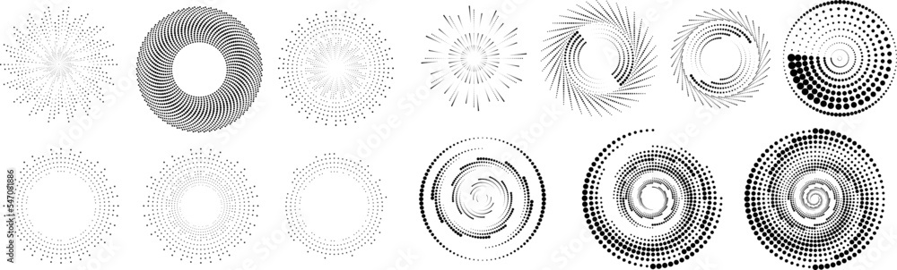 Poster design elements with circular halftone dots. vector rotating dotted circles design . half tones coll