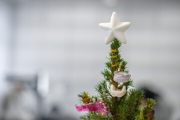 Weihnachtsbaum geschmückt mit herausnehmbaren Zahnspangen in einer kieferorthopädischen Praxis