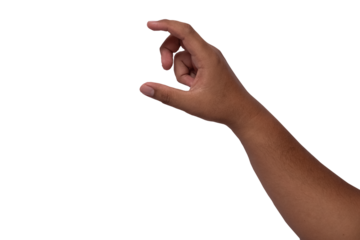 Mature male hand showing small size sign isolated on white background