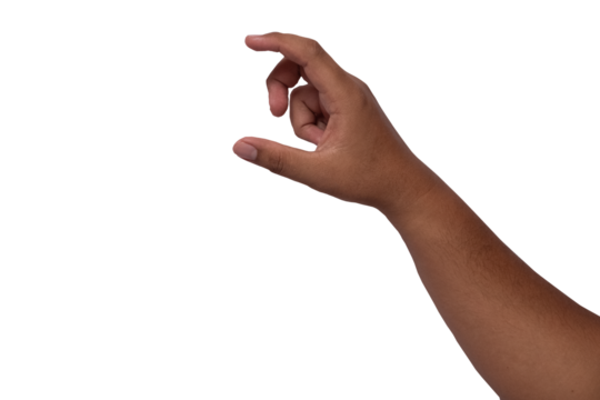 Mature male hand showing small size sign isolated on white background