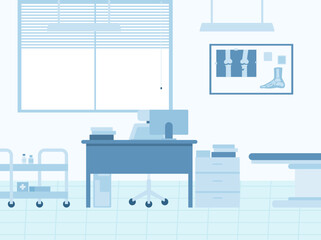 illustration of the interior of a medical office in a hospital or clinic, in a flat style. The doctor's office with a desk, medical armchair, shelf, furniture