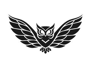 Owl with open wings,  Black and white tattoo of eagle owl, front view. Qualitative vector illustration for circus, sports mascot, zoo, wildlife, nature, etc