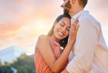 Couple, smile and hug for love, support or care for relationship bonding or embrace together in the outdoors. Happy woman hugging man embracing romance and smiling in happiness for fun quality time