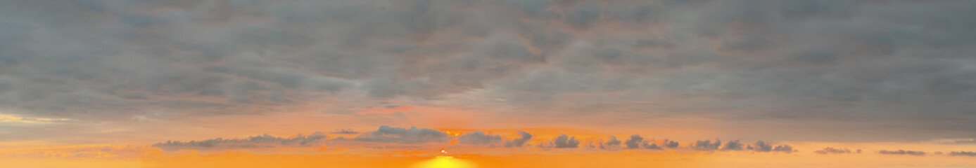 Sunset cloudy sky 360 panorama. Cloudscape nature background
