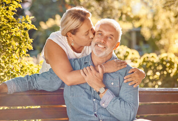 Love, relax and happy with old couple in park bench for retirement, support and affectionate....