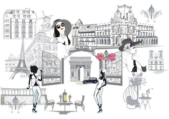 Set of Parisian symbols with cafes, fashion girls and musicians. Hand drawn vector background.