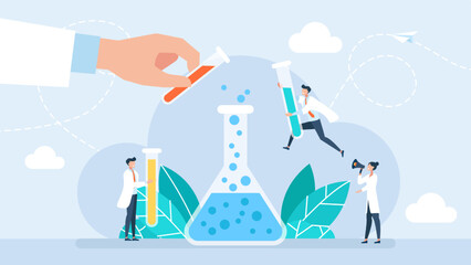 Science. Creation of medicines. Medical pharmacy Industry example with scientists. Laboratory where people are exploring, learning, building knowledge and gathering research data. Vector illustration