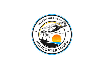 Beach helicopter tour logo label sunset illustration transportation flight