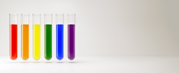Test tubes with fluids in lgbt rainbow colors isolated on white. Concept of research in lgbt field. 3d illustration, 3d rendering