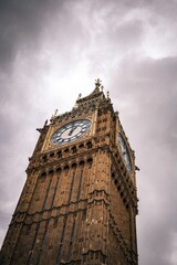 Low-angle vertical view of the famous landmark, Big Ben in London, England