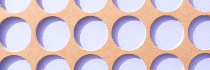 Banner with paper art abstract geometric background - open symmetrical composition, circle shape pattern in kraft brown and lilac colours. Minimal style creative background