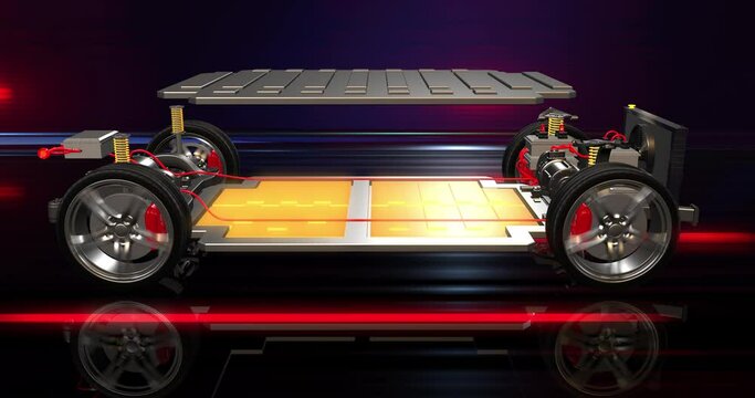 Generic electric car equipped with lithium battery pack. Sustainable energy. Technology related 3d conecpt animation.