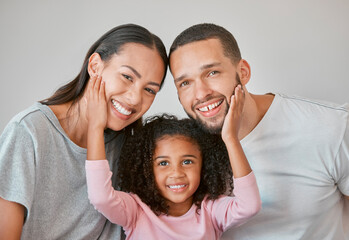 Portrait, girl and parents with happy, love and smile in morning, relax lifestyle and happiness....