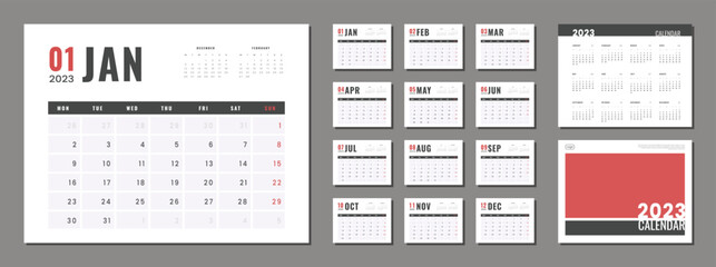 Set of 2023 Calendar Planner Template, and cover with Place for Photo, Company Logo. Vector simple gray grid layout for wall or desk calendar with week start on Monday for print