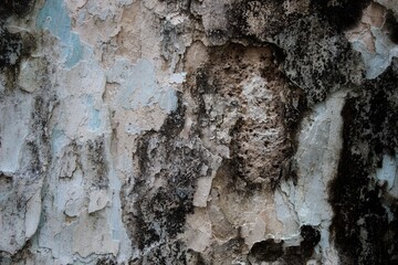 A weathered concrete wall with cracks and peeling paint, showing signs of age and decay.