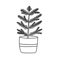 Cute christmas tree in a pot. Black and white vector isolated illustration hand drawn doodle. New Year card element. Icon single