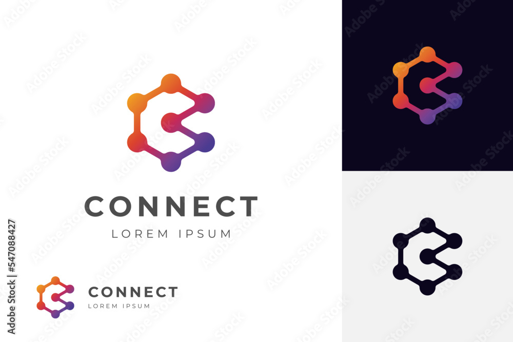 Poster initial letter c molecule logo symbol with hexagon design concept for io tech connect dots science t