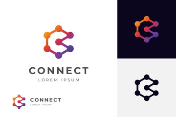 initial letter C Molecule logo symbol with hexagon design concept for io tech Connect Dots Science Technology Logo Design or technology brand identity mark