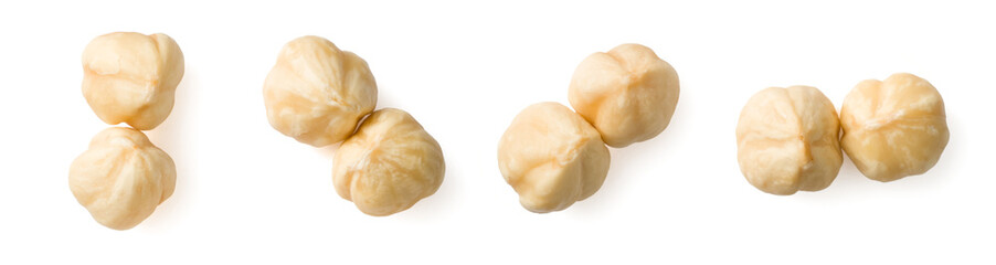 Peeled hazelnuts isolated on the white background, top view