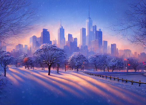 New York under snow,  winter skyline , digital art, illustration 