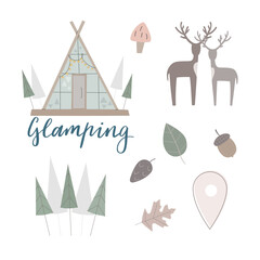 Set of glamping vector illustrations with deers, pine forest, leaves for creat design. Cute elements for merch, web, social media