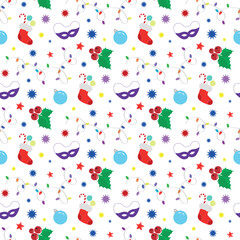 New Year seamless pattern, Christmas attributes on white background, flat vector