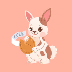 Happy Chinese new year greeting card 2023 with cute rabbit with fortune cookie luck. 2023 CNY card. Vector