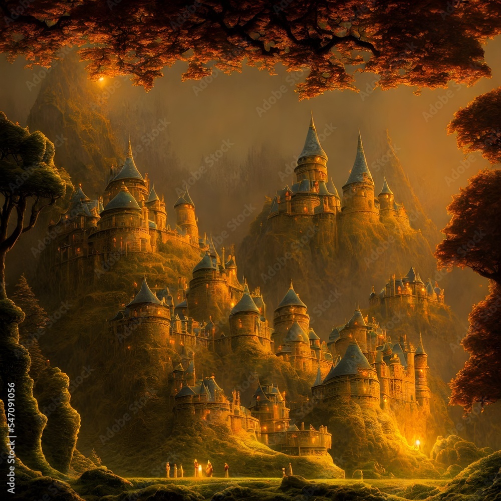 Canvas Prints Yellow lighted castle in dusk 3d illustration