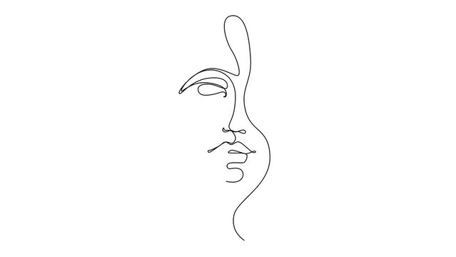 One Line Drawing Woman Face Animation. Beauty Female Portrait in Sketch Art Style, Continuous Line Draw Head, Single Outline Girl Head Drawing Animation