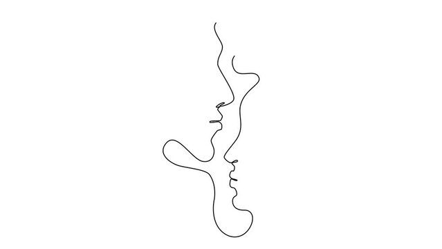One Line Drawing Man and Woman Faces Animation. Couple Kissing Profiles in Sketch Art Style, Continuous Line Draw Heads, Single Outline Drawing Animation
