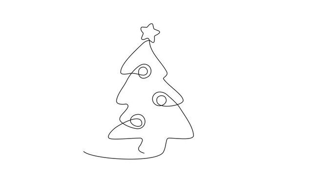 Continuous Line Christmas Tree Animation, Happy Xmas Monoline Spruce, New Year Pines Holiday Drawing Animation, One Line Christmas Tree