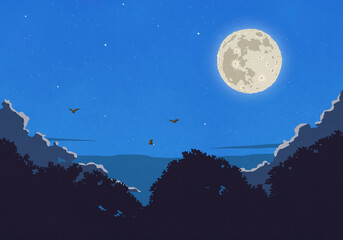 Birds flying in night sky with bright, full moon
