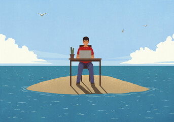 Man working at laptop on remote ocean island
