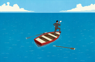 Businessman with megaphone in rowboat on ocean
