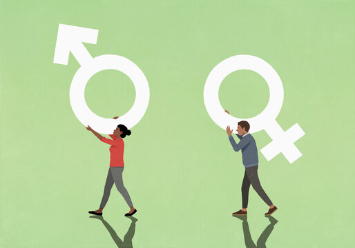 Couple carrying opposite gender symbols on green background

