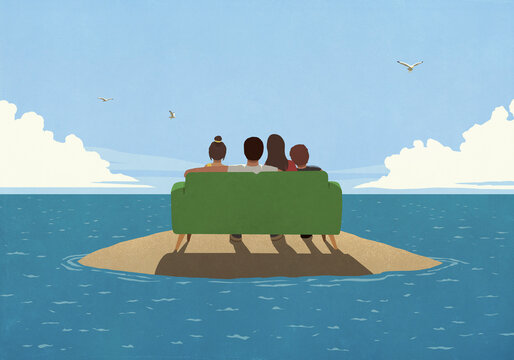 Family relaxing on sofa on sunny, remote ocean island
