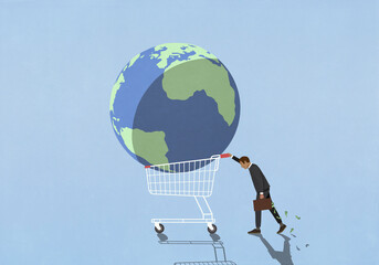 Businessman investor pushing large globe in shopping cart
