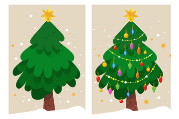 Christmas tree before and after decoration. Decoration balls, bow and light bulb chain decorated christmas tree. Happy New Year. Winter holidays. Flat style