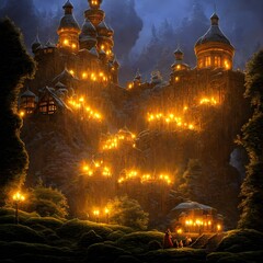 Yellow lighted castle in dusk 3d illustration