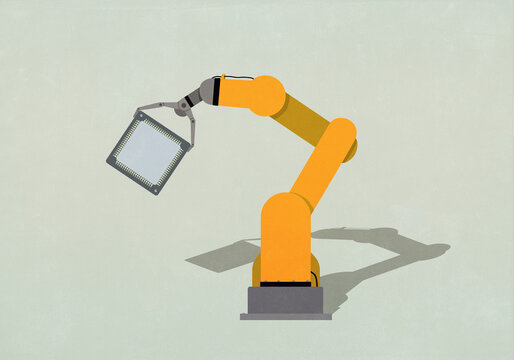Robotic arm holding, manufacturing semiconductor on green background
