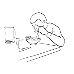 man eating noodles on table illustration vector hand drawn isolated on white background line art.