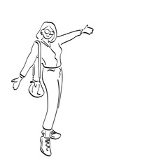 line art woman with sunglasses presenting at blank space illustration vector hand drawn isolated on white background