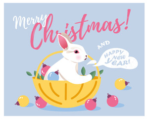 Christmas bunny in a basket with decorations. New Year and Christmas greeting card.