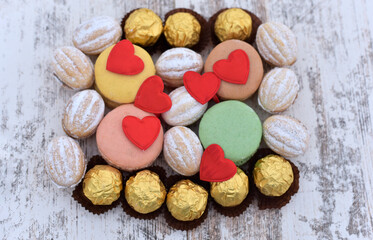Lots of sweets. Macarons, cookies and sweets. St. Valentine's Day
