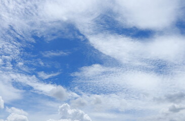 White clouds cover bright blue sky and copy space.