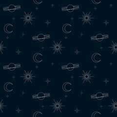 astrology seamless pattern with planets and stars in dark galaxy space