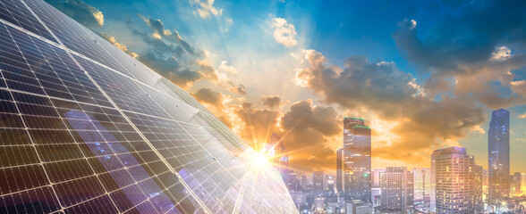 Sun rays over solar panel, Solar energy, Renewable energy concept.  - obrazy, fototapety, plakaty