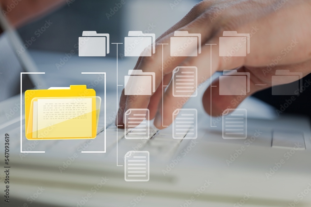 Poster businessman works on computer with document files icons